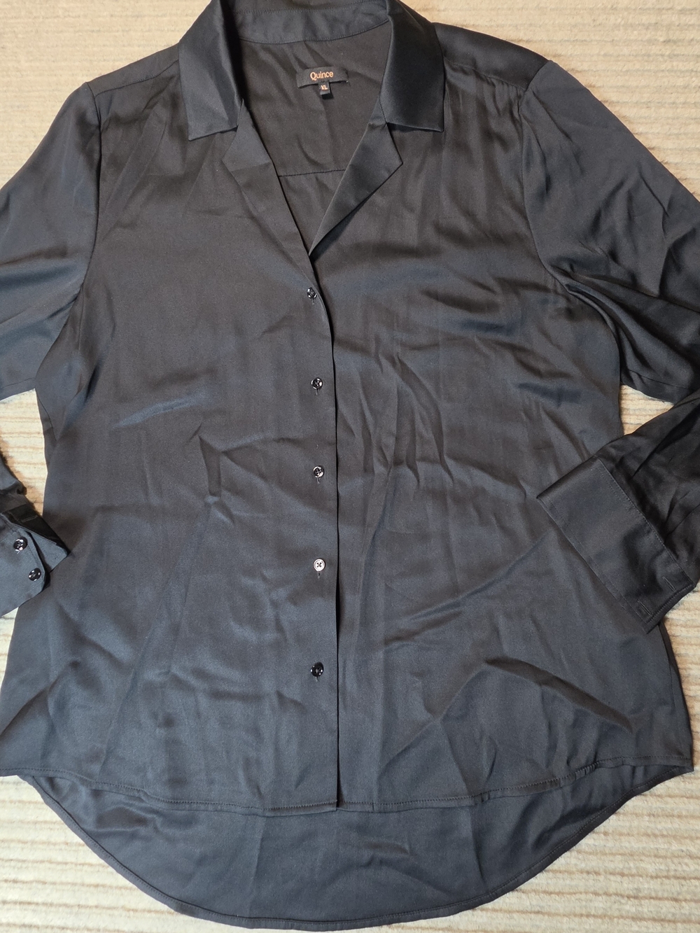Quince Womens Washable Silk Notch Collar Blouse Black Button Down Sz XL Stretch